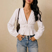 Women's Long-sleeved Bohemian Style Deep V-neck Ruffle Blouse