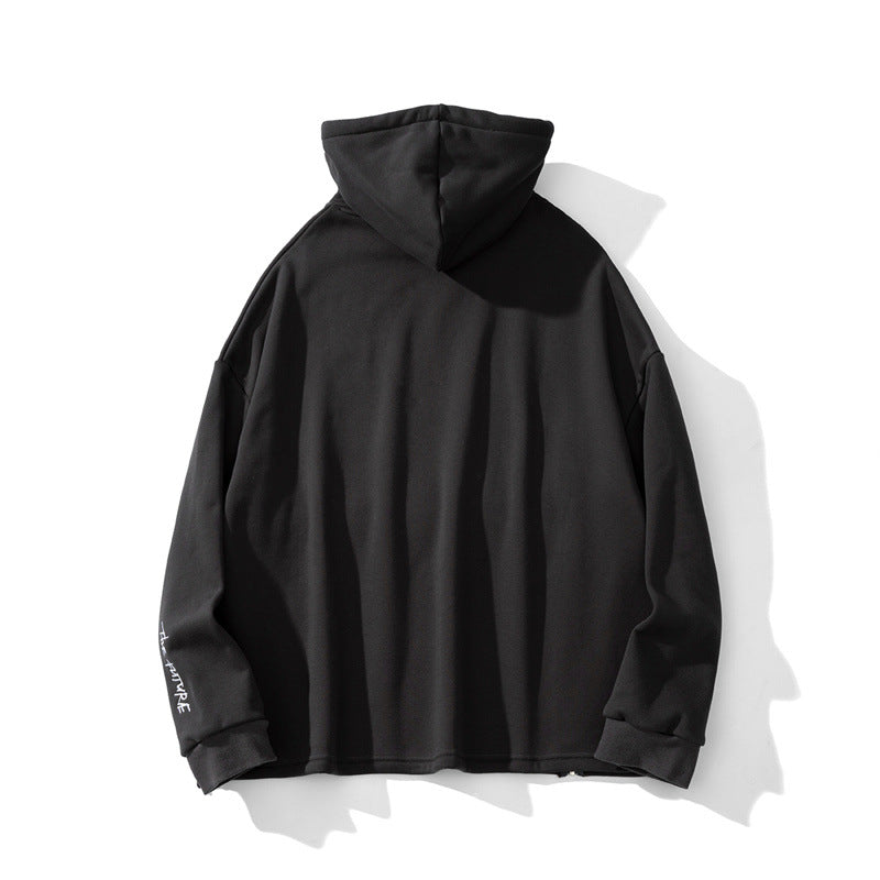 Retro Fleece Zip Hoodie with Drawstring & Pockets