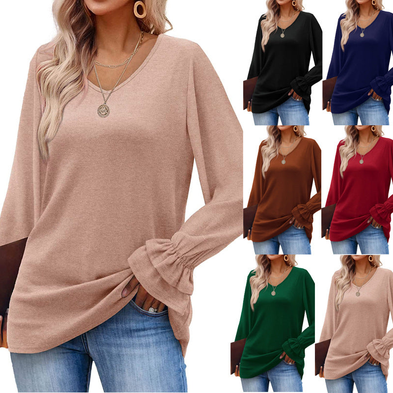 Casual Solid Long Sleeve Cotton Tee for Women