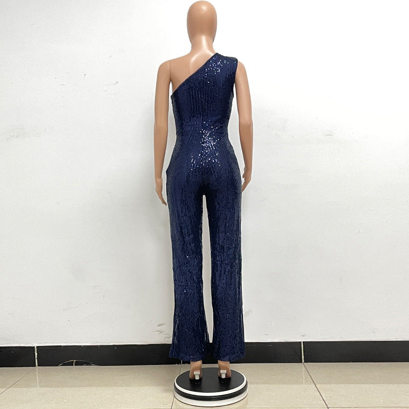 Glamorous One-Shoulder Sequined Wide-Leg Jumpsuit
