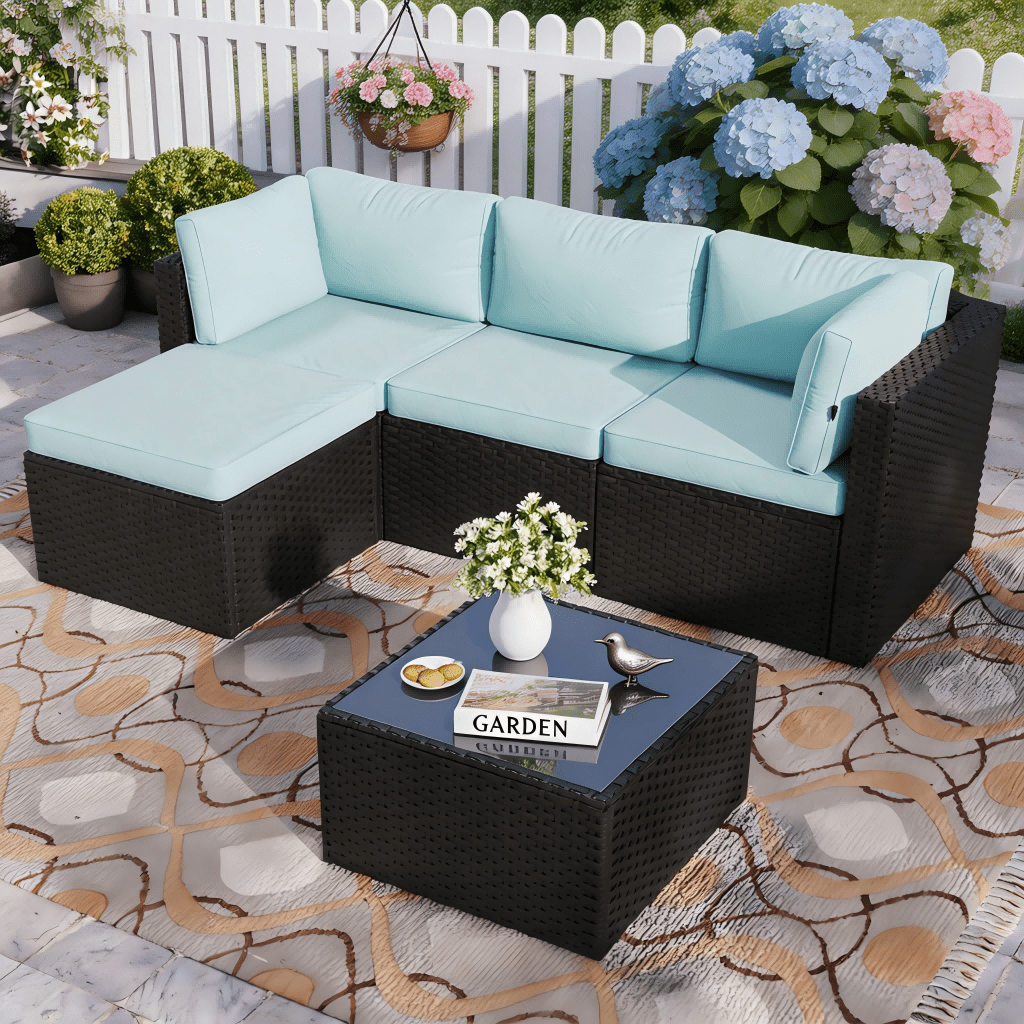Outdoor Patio Rattan Sofa Set – L-Shaped Sectional with Beige Cushions, Glass Top Coffee Table & Ottoman, All-Weather Wicker Furniture for Garden, Poolside, Backyard – Four Color Cushions & Black Wicker Frame