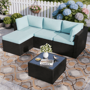 Outdoor Patio Rattan Sofa Set – L-Shaped Sectional with Beige Cushions, Glass Top Coffee Table & Ottoman, All-Weather Wicker Furniture for Garden, Poolside, Backyard – Four Color Cushions & Black Wicker Frame