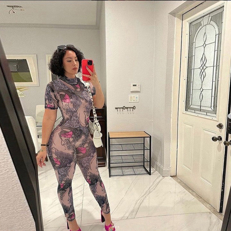 Sexy Backless Hollow-Out Turtleneck Printed Jumpsuit