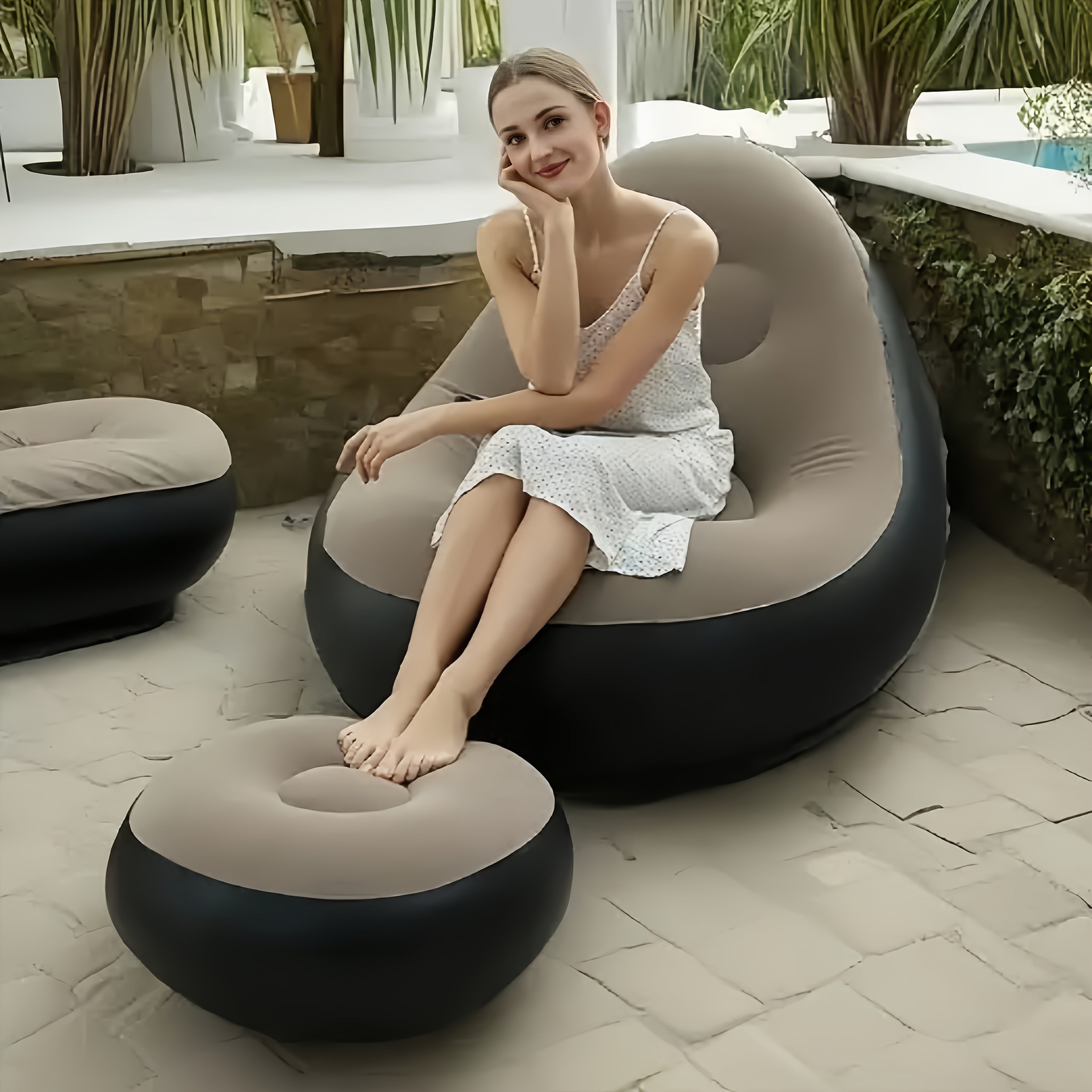 Inflatable Sofa with Footrest, Folding Lazy Chair for Camping, Fishing, Parties, Sunbathing, Hiking, Inflatable Furniture (Brown)(Red)