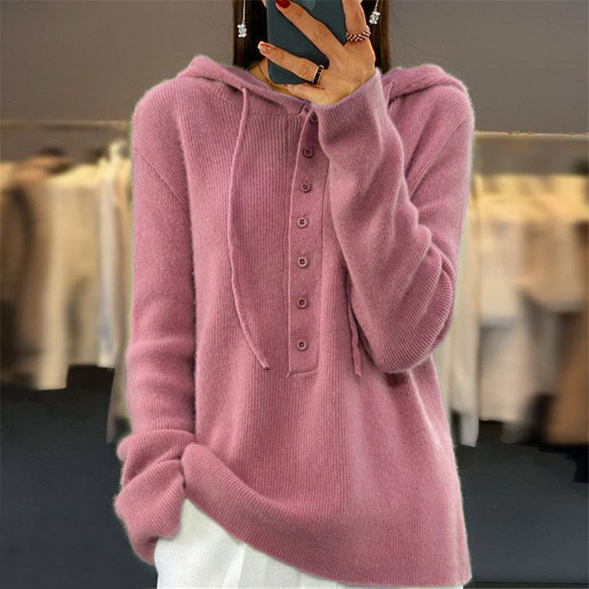 Solid-color Long-sleeve Hooded Knitted Pullover with Drawstring for Women