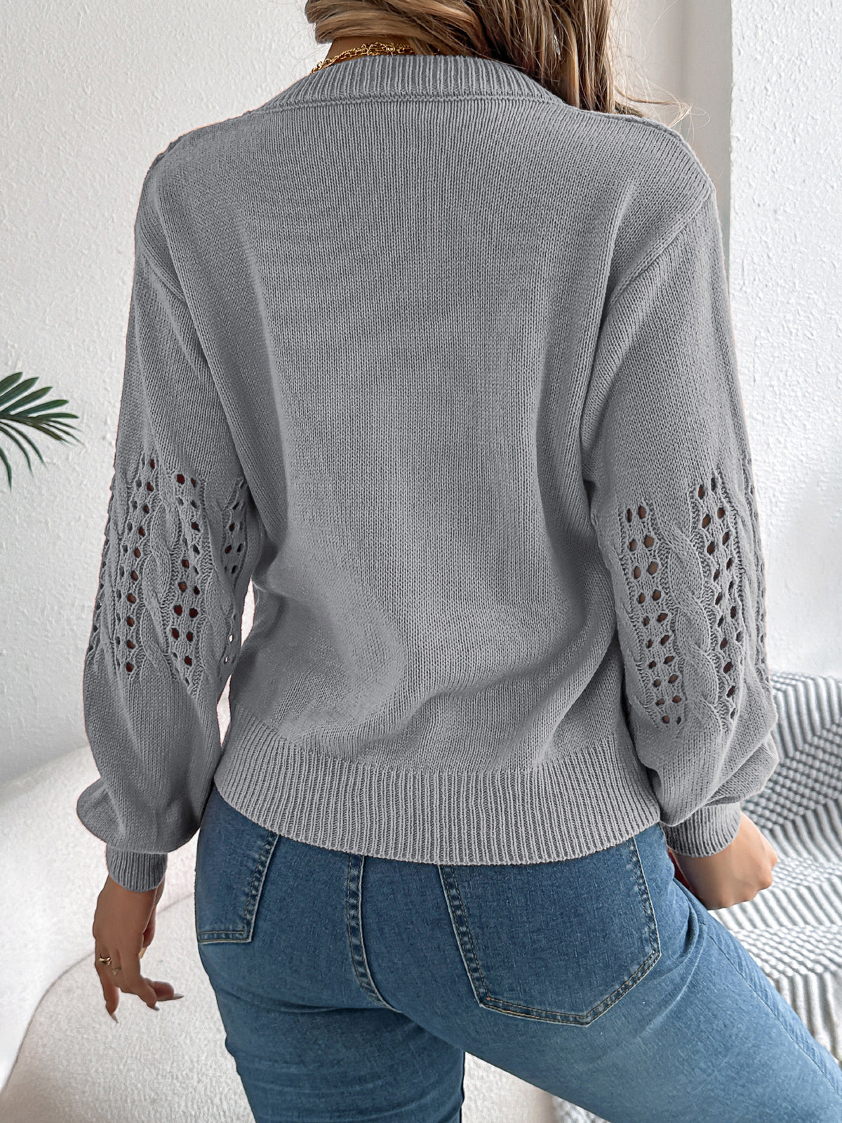 Women Casual Solid Color Hollow Out Lantern Sleeve Pullover Sweater