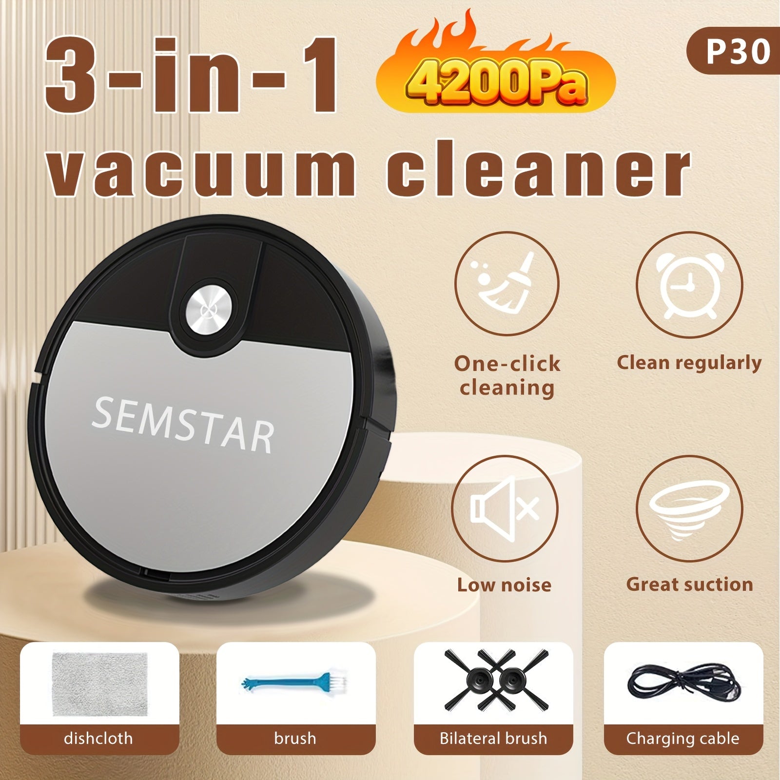 Robot Vacuum Cleaner, 3-in-1, Sweeping, Mopping, And Vacuuming All In One, 4, 000 Pa Powerful Suction, Up to 90mins Runtim, Low Noisesuitable for Hard Floors, Flatmarble Tiles And Wood Floor, Dorm...