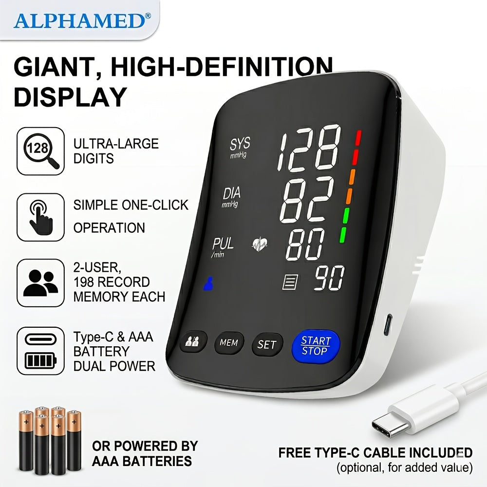 Upper Arm Automatic Blood Pressure Monitor with Large Curved LED Display, Adjustable 8.7‑–17 in Cuff, 2‑User 198‑Reading Memory, Type‑C Charging