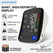 Upper Arm Automatic Blood Pressure Monitor with Large Curved LED Display, Adjustable 8.7‑–17 in Cuff, 2‑User 198‑Reading Memory, Type‑C Charging