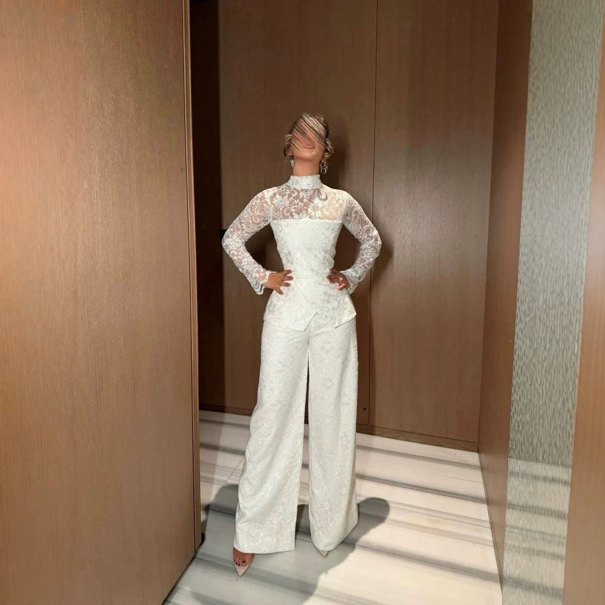 French Lace High-Neck Long Sleeve Jumpsuit
