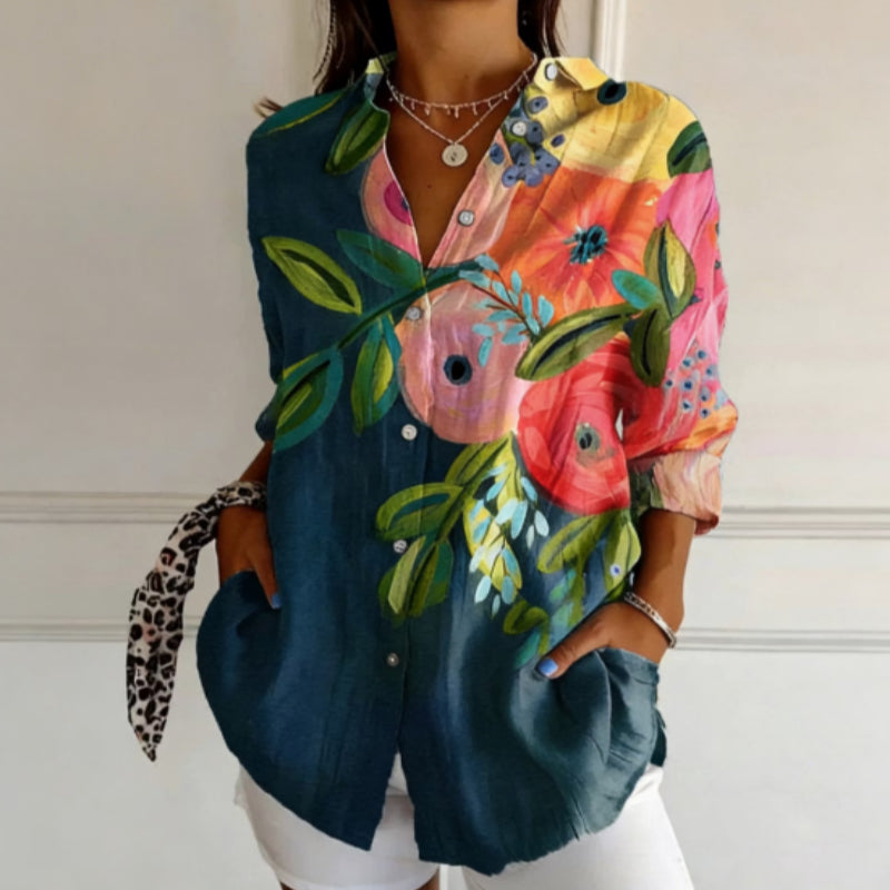 Watercolor Floral Print Shirt Collar Blouse