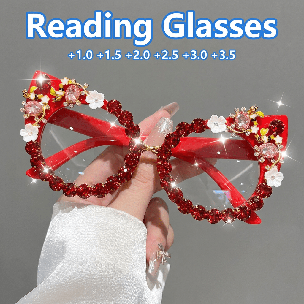 Cat-Eye Glasses with Large Floral and Gemstone Details – Fashionable Unisex Style for Sparkling Parties
