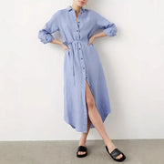 Womens Casual Loose-fitting Single-breasted Lace-up Dress