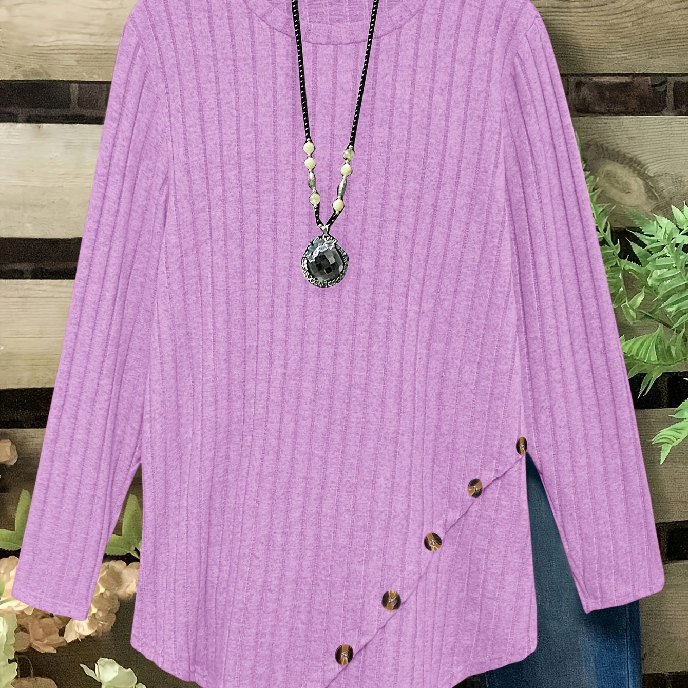 Plus Size Lightweight Ribbed Long Sleeve T-Shirt with Asymmetrical Hem
