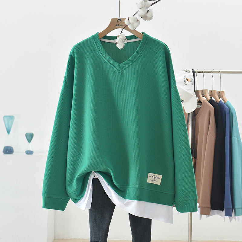 Oversized V-Neck Waffle Knit Sweater for Women
