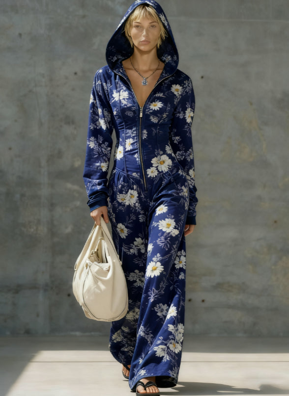 Printed Casual Hooded Zip-Up Slim-Fit Jumpsuit