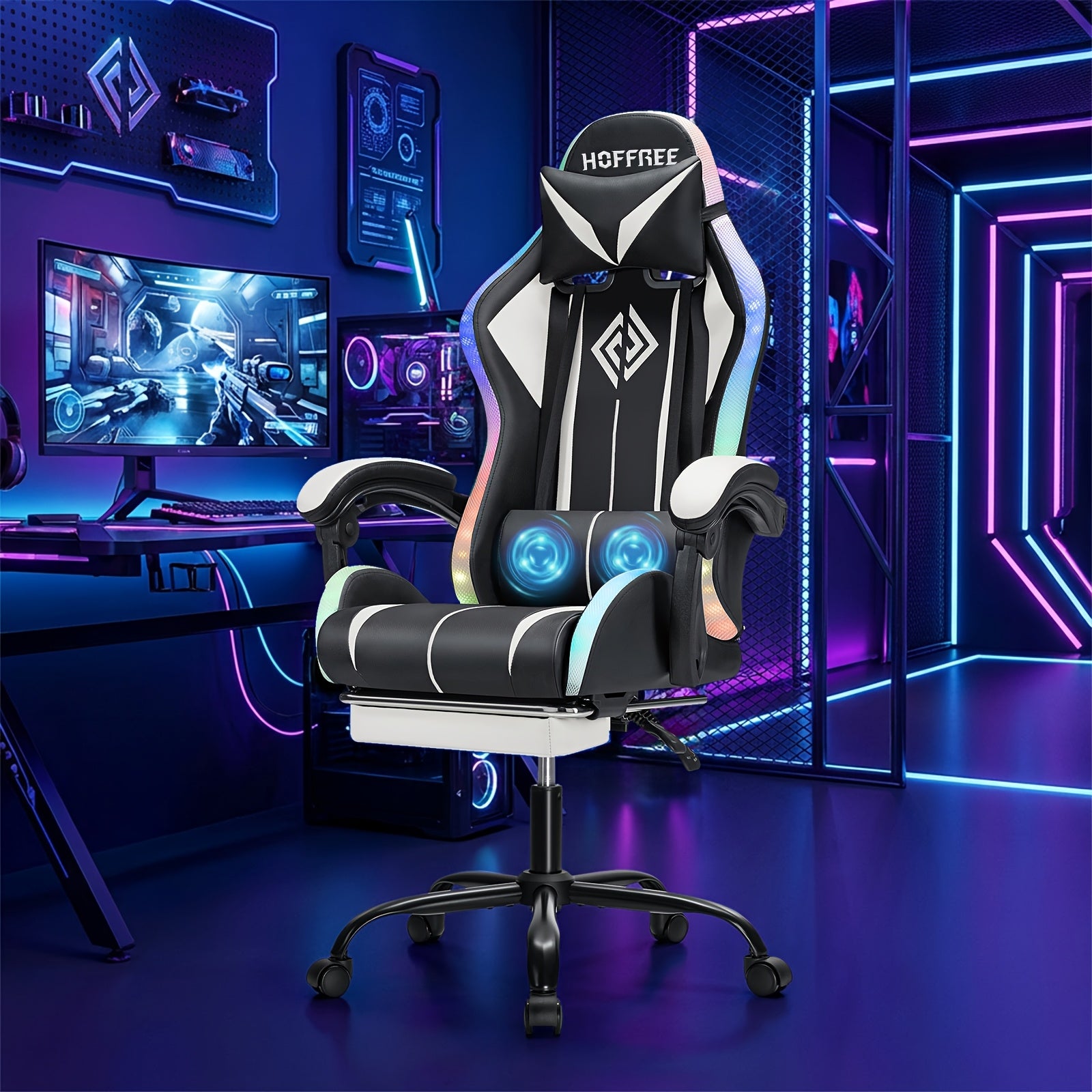 RGB Gaming Chair with LED Lights, Massage, High Back, Footrest, Adjustable Lumbar Support and Armrests