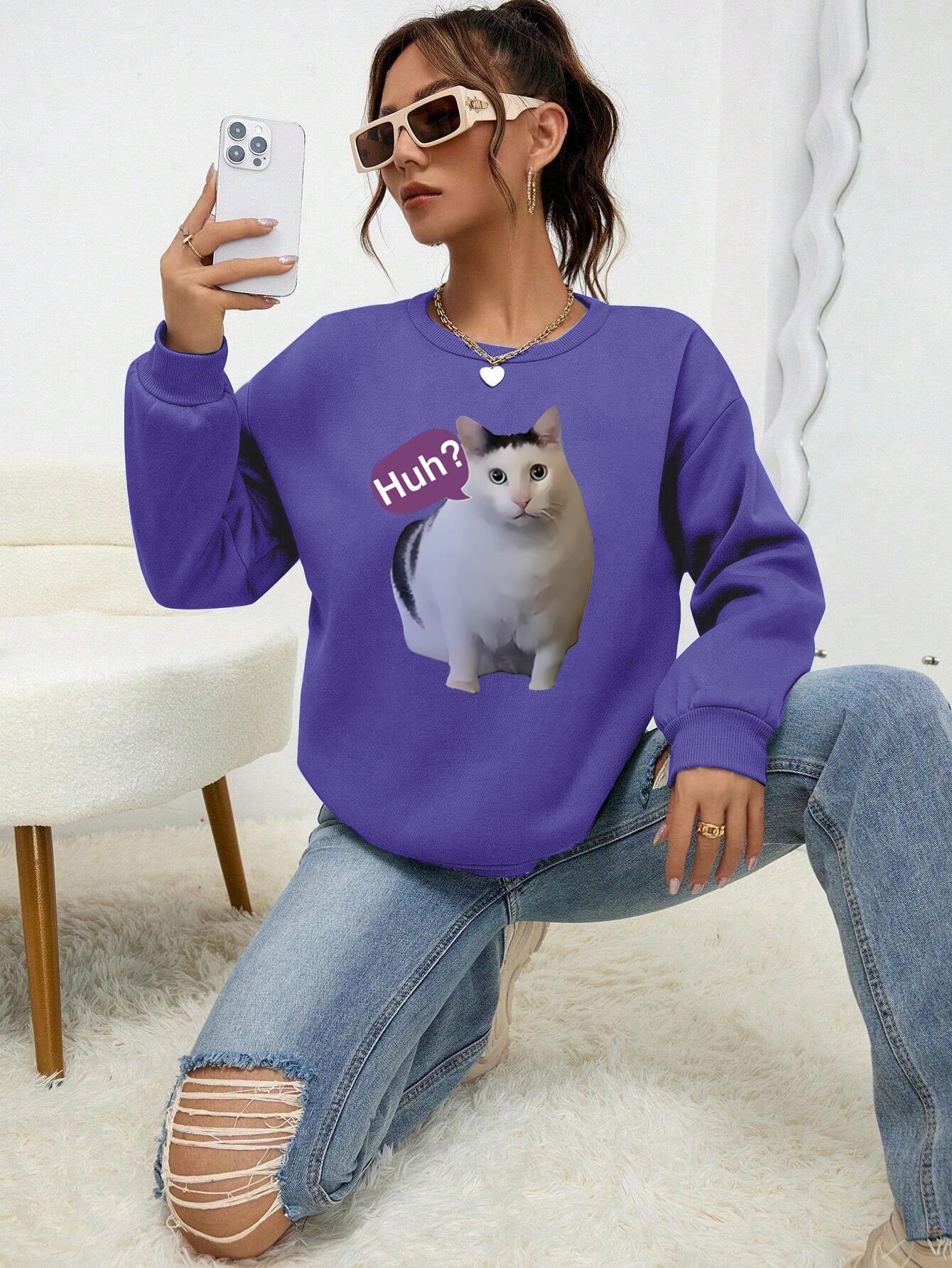 Cute Cat Print Women's Casual Pullover Sweater
