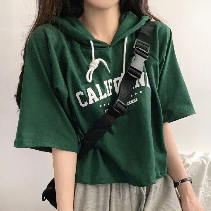 Casual Letter Print Short Sleeve Hooded Tee