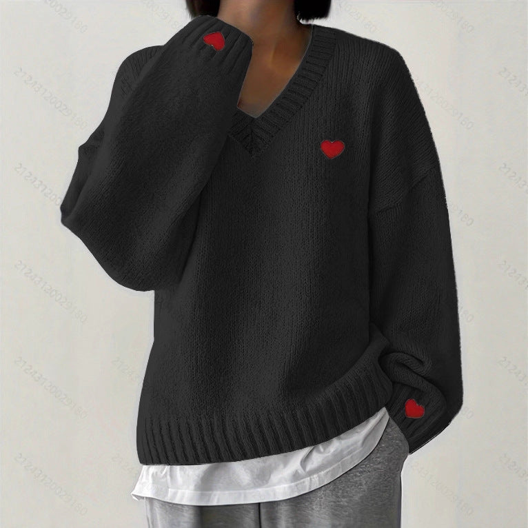 Womens Loving-heart Embroidered V-neck Sweater