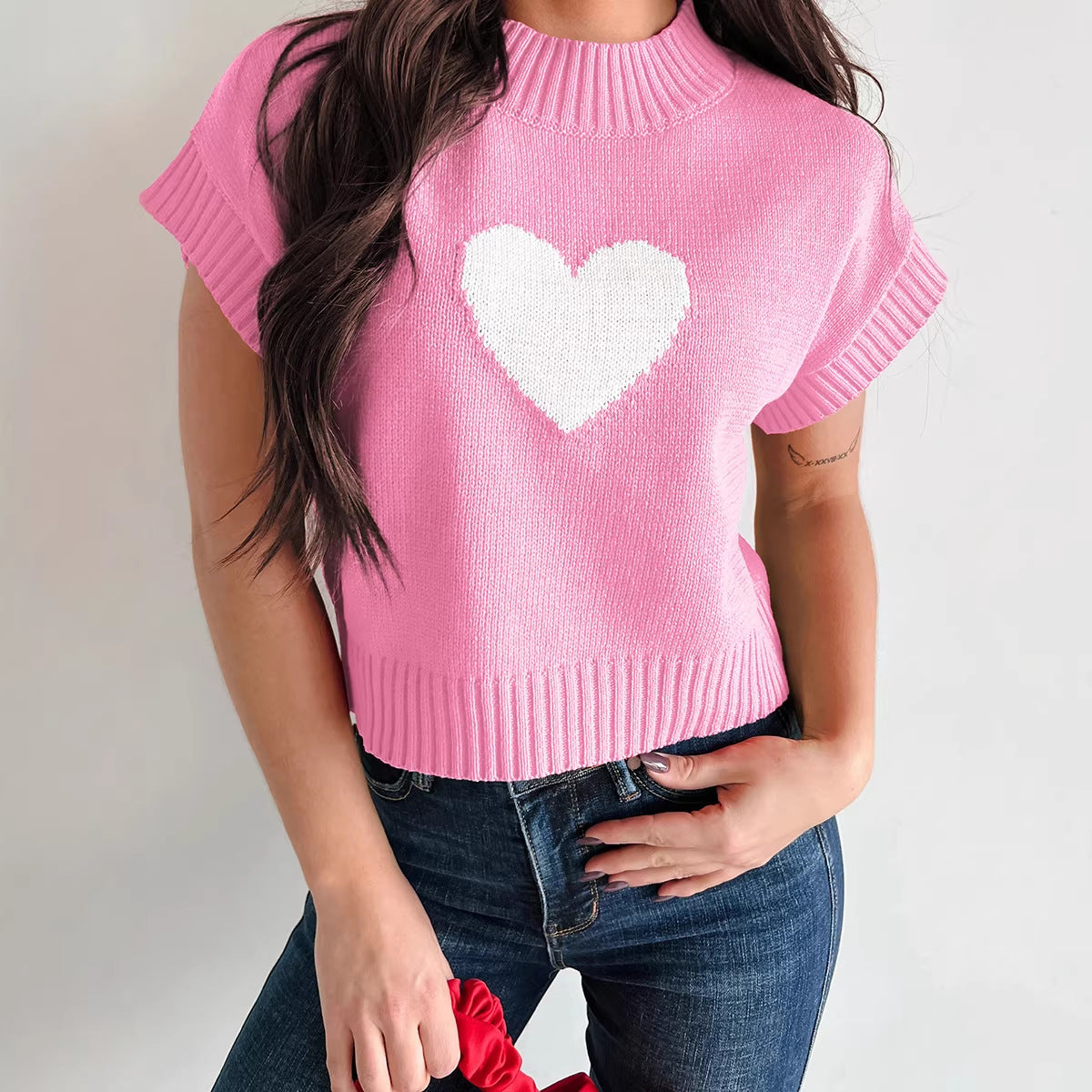 Womens Casual All-match Heart-shaped Short-sleeve Knitted Sweater