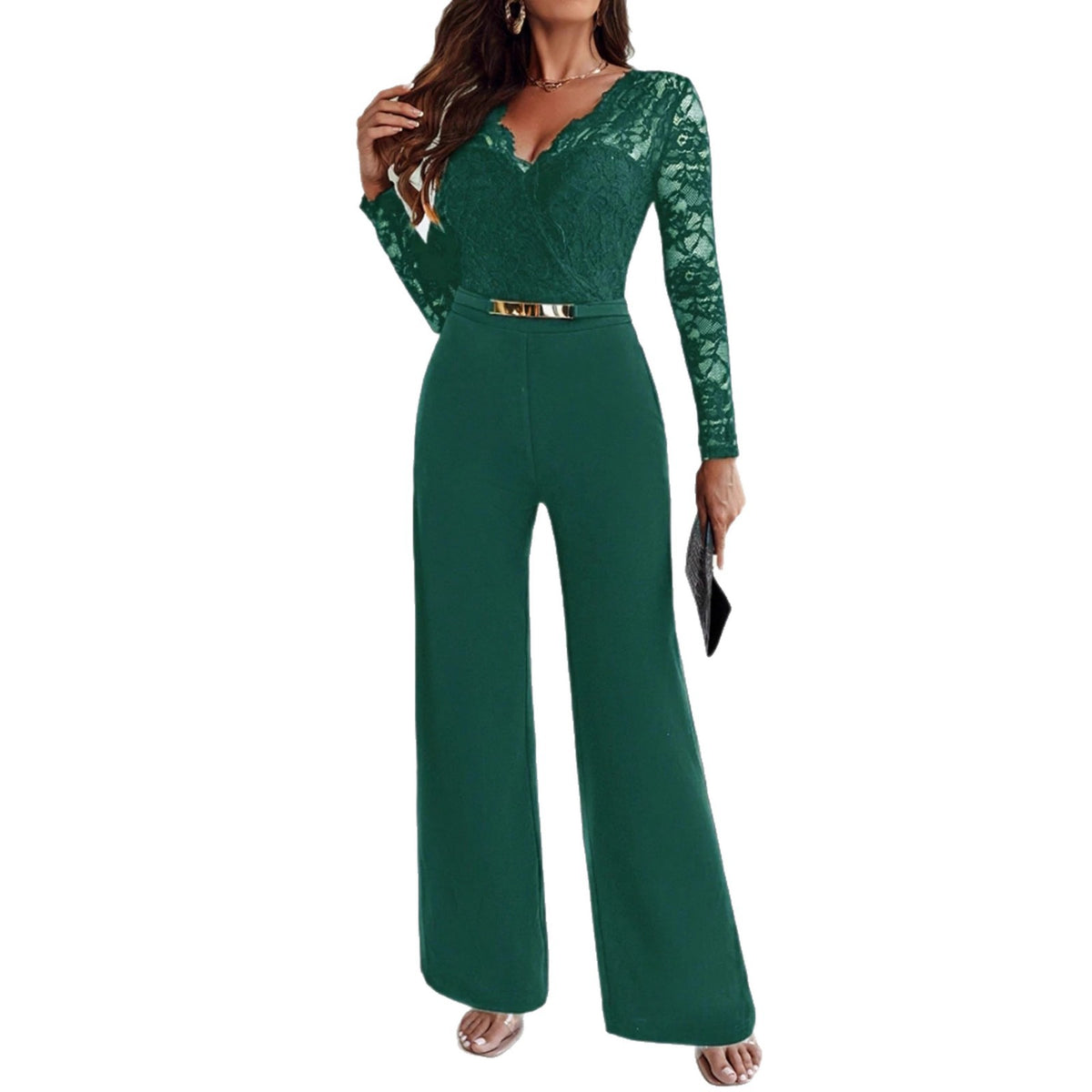 Elegant Long-Sleeve Belted Jumpsuit with Flared Pants