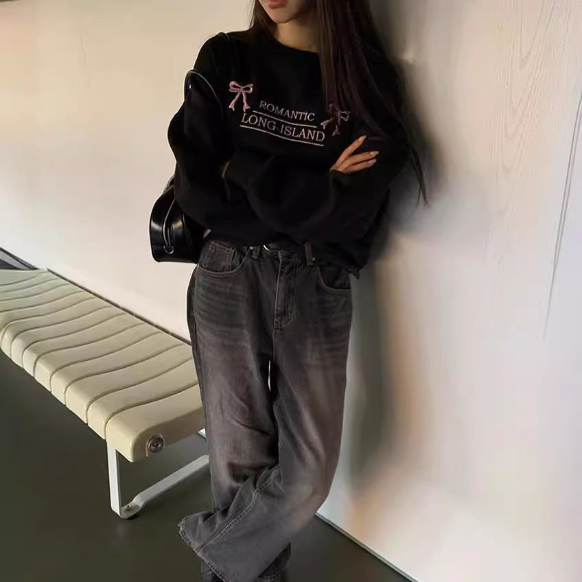 Retro Bowknot Embroidered Oversized Terry Sweater