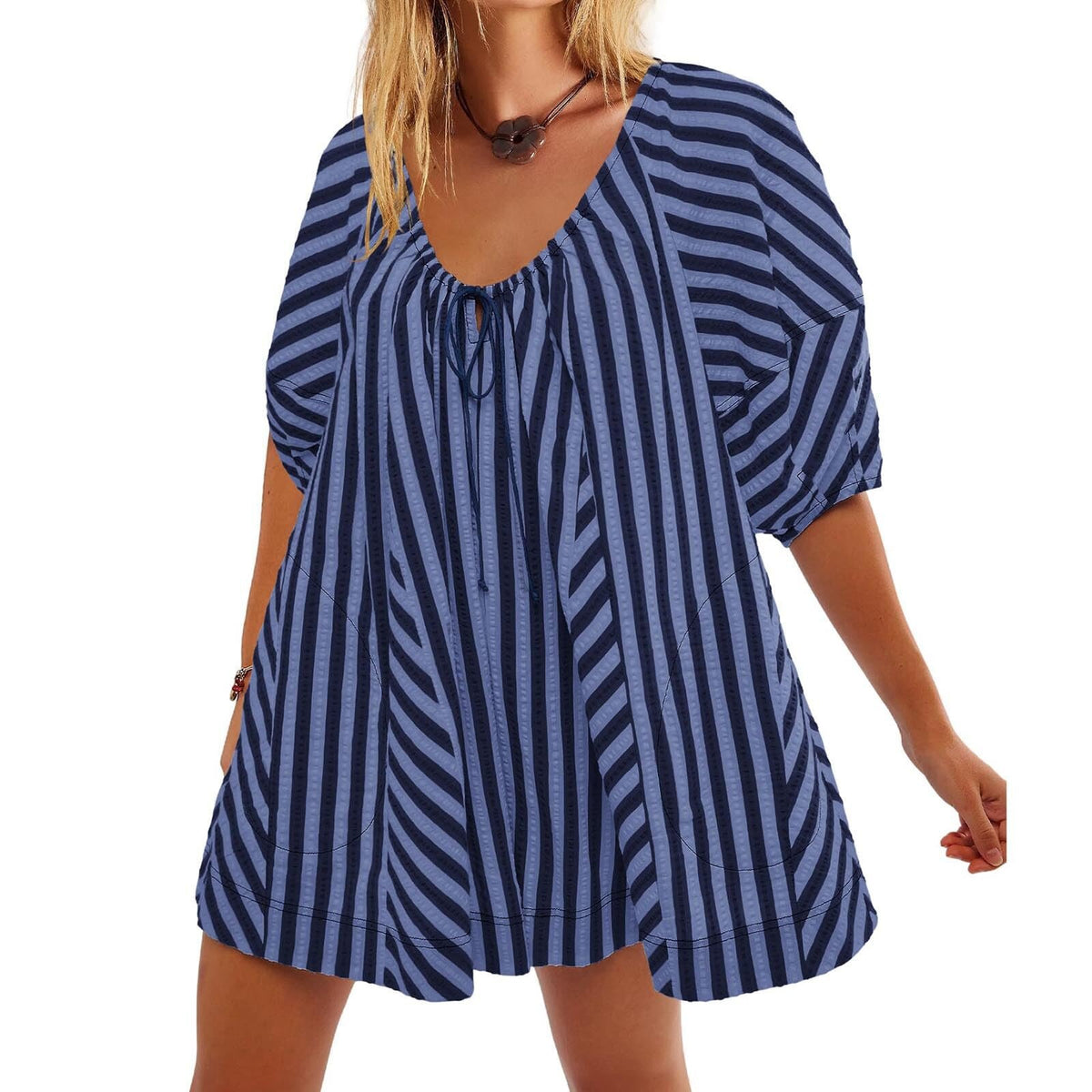 Striped V-Neck Short Sleeve Loose Casual Jumpsuit