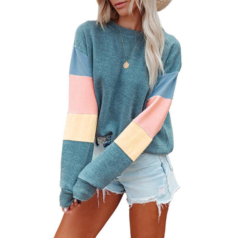 Color Contrast Round Neck Long Sleeve Women's Fashion Tee