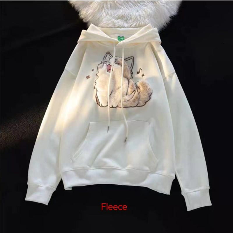 Cute Embroidered Kitten Fleece-Lined Hooded Sweatshirt