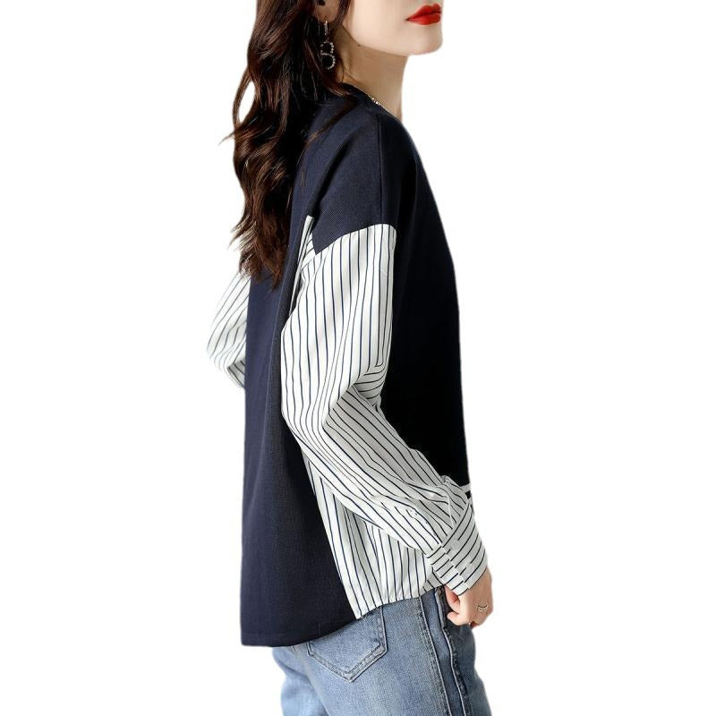 Graceful Striped False Two-Piece Women's Patchwork Sweater