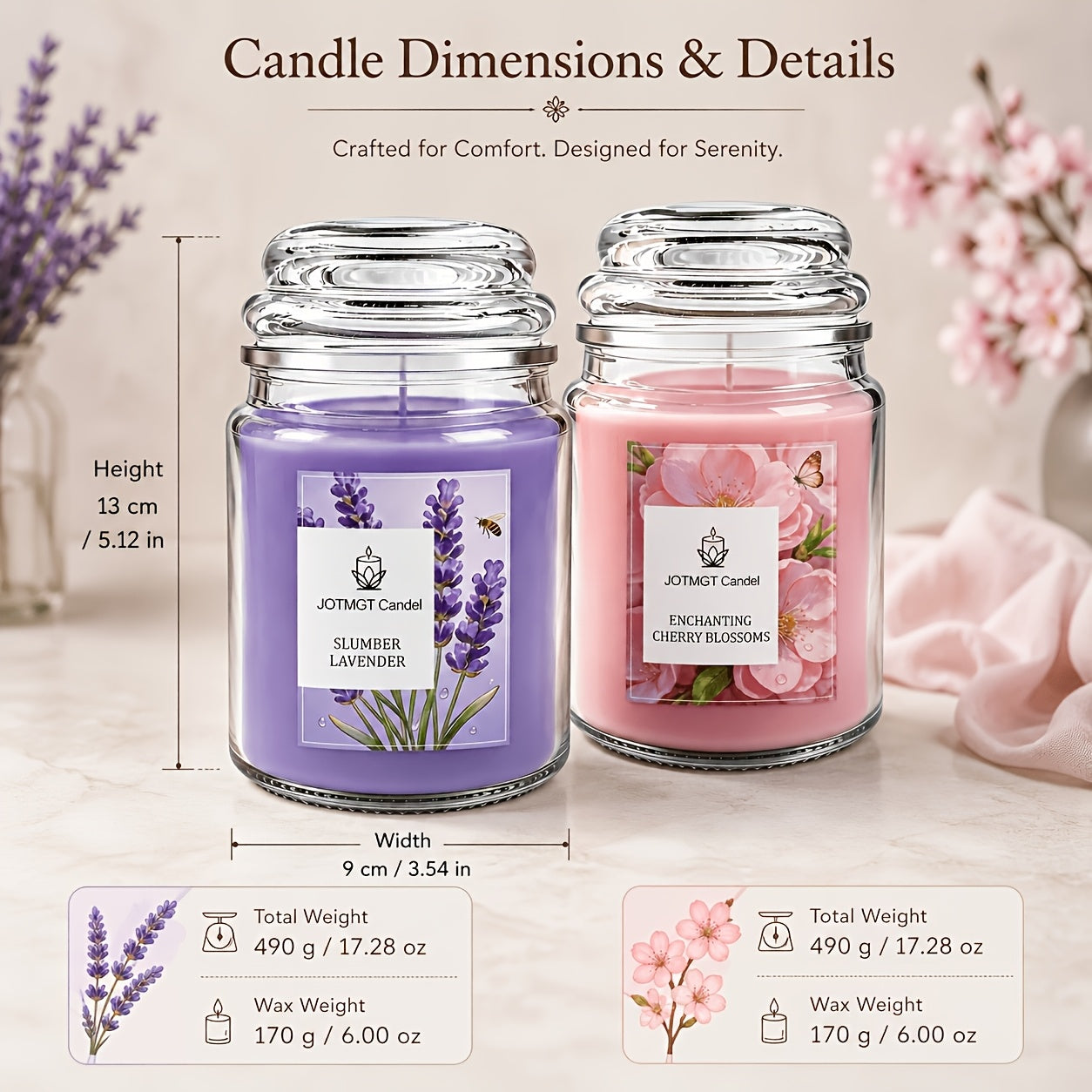 2‑Piece Lavender & Cherry Blossom Scented Candle Set – Single Wick, Ultra‑Long Burn