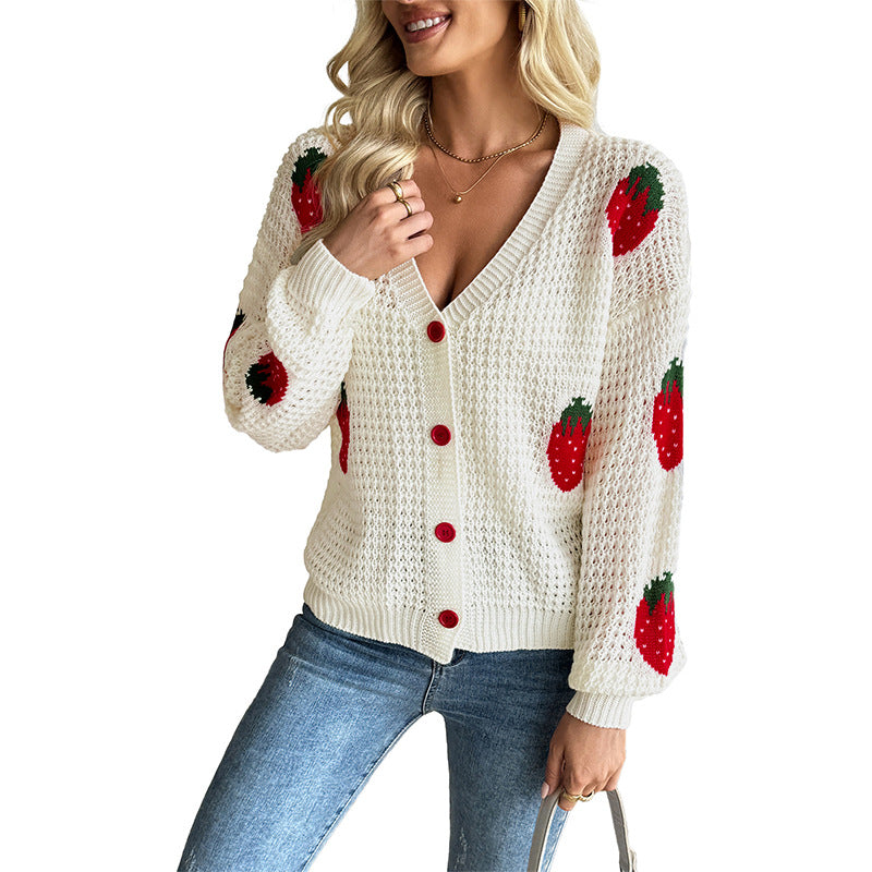 Casual Cardigan European and American Ladies Strawberry Jacquard Sweater