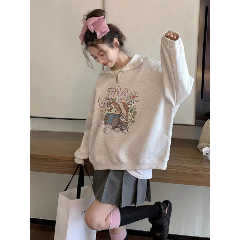 Half-Zip Polo Collar Loose Knit Sweater