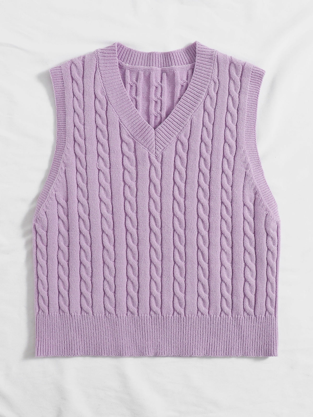 Springsummer Knitted Cabled Vest Pullover with V-neck