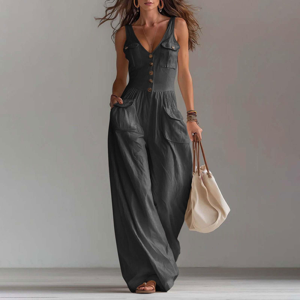 Casual Sleeveless Wide-Leg Jumpsuit with Pockets