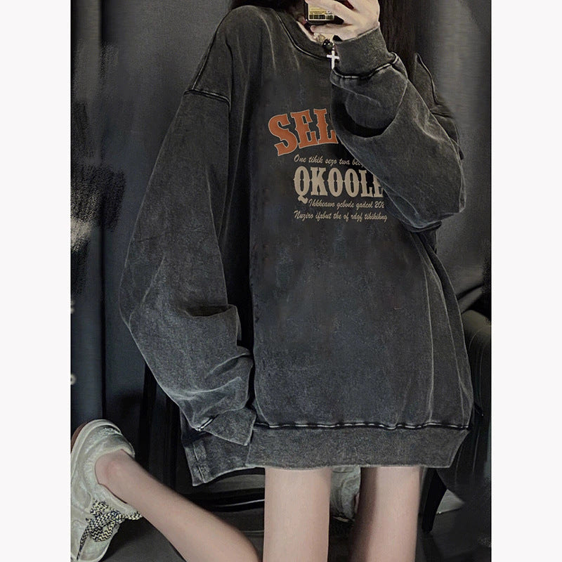 Retro Distressed Washed Cotton Women's Pullover Sweater