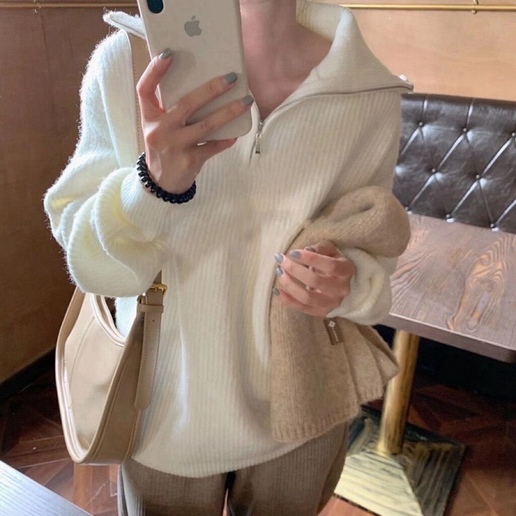 Women's Solid Color Loose Zipper Lapel Stand Up Sweater