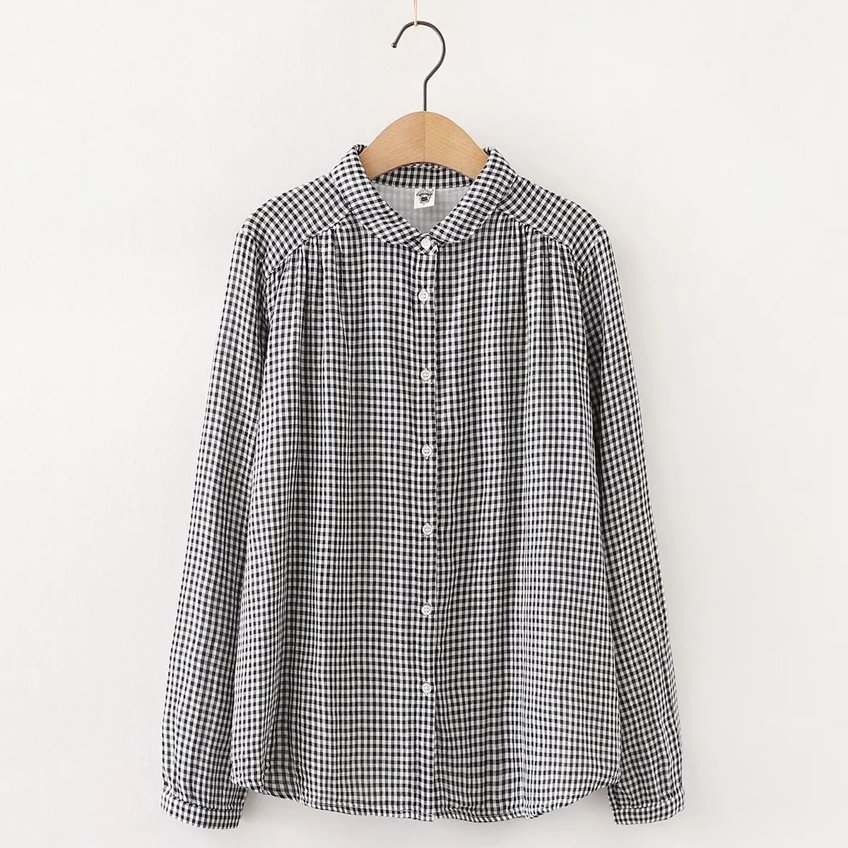 Womens Retro Small Lapel Double-Layer Cotton Yarn Long-Sleeve Shirt