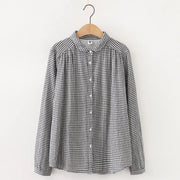 Womens Retro Small Lapel Double-Layer Cotton Yarn Long-Sleeve Shirt