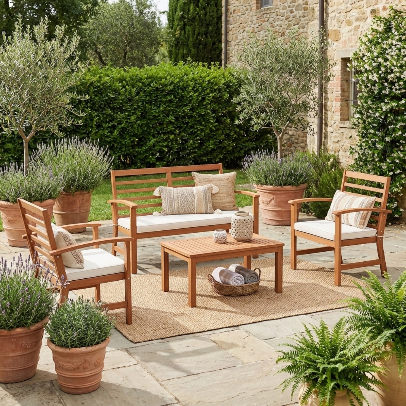 4pcs Outdoor Conversation Set with Loveseat, 2 Armchairs, Coffee Table, Acacia Wood Patio Furniture with Washable Seat Cushions, Armrest, for Porch Backyard Garden Poolside Lounging