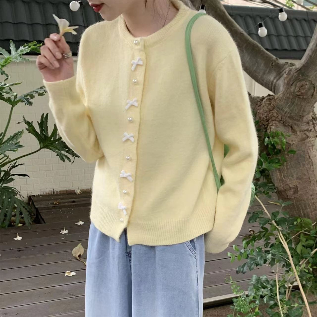 Women's Solid Color Spring and Autumn Bow Pearl Button Sweater