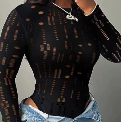 Y2K Ripped Jacquard Fabric Tight Sexy Bodysuit For Women