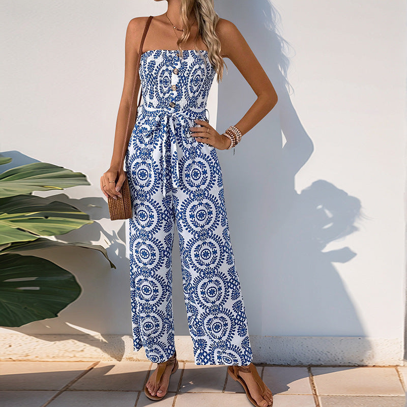 Elegant Printed High-Waisted Sleeveless Tube Top Loose Jumpsuit Womens Wear