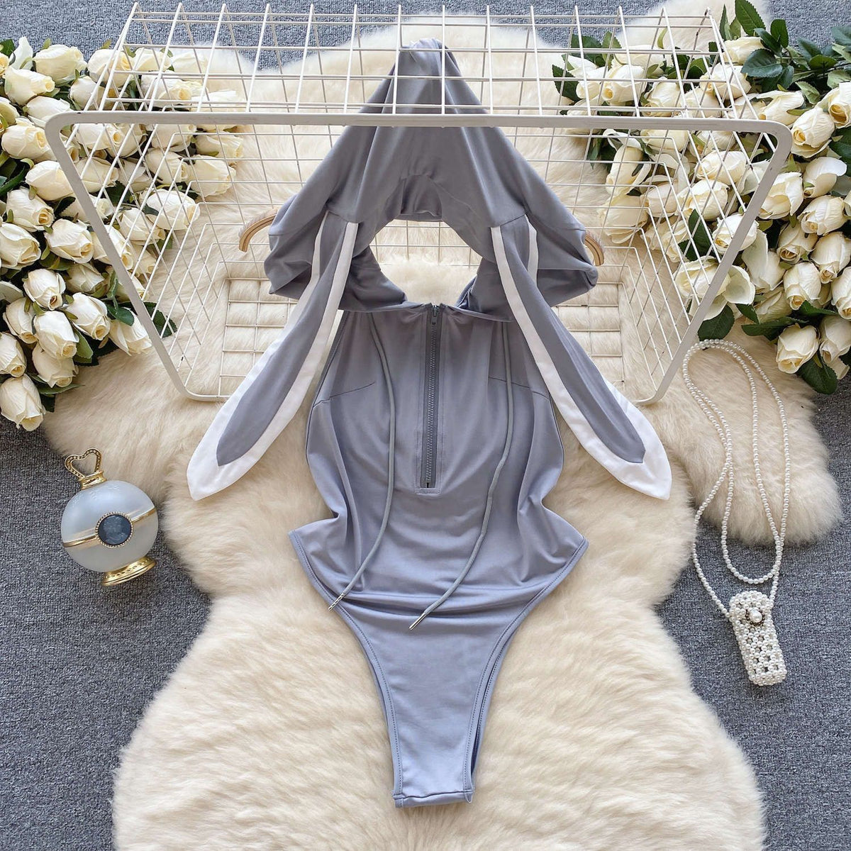 Plus-Size Bunny Ear Hooded Bodysuit Cosplay Romper