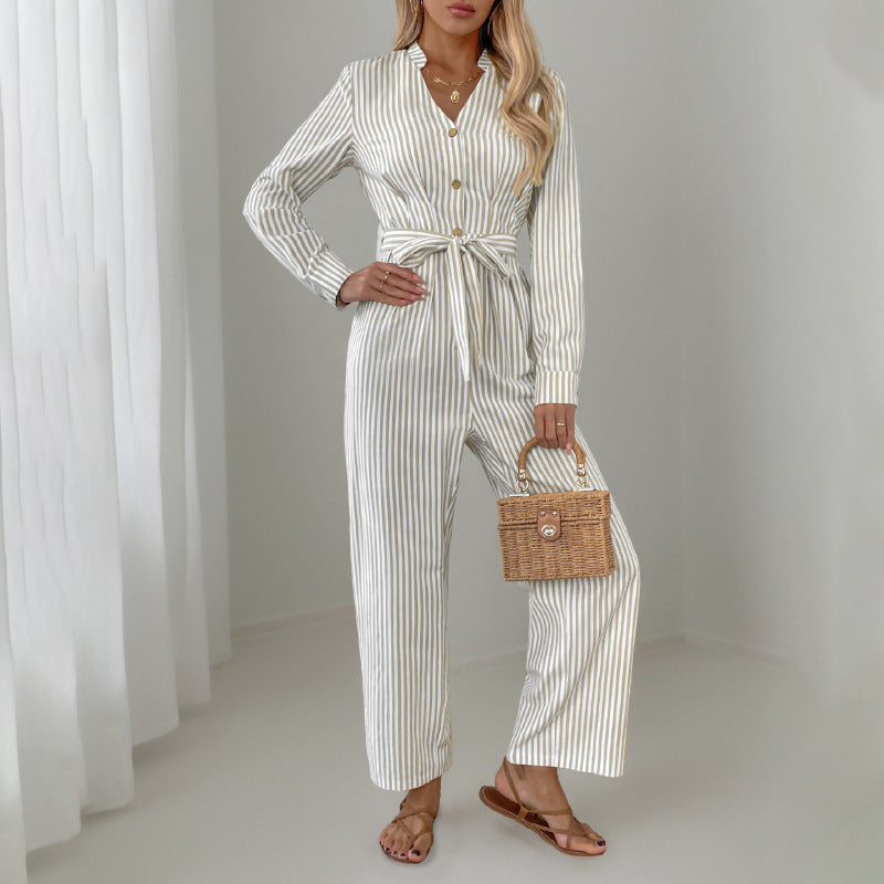 Chic Striped Lace-Up Commuter Jumpsuit