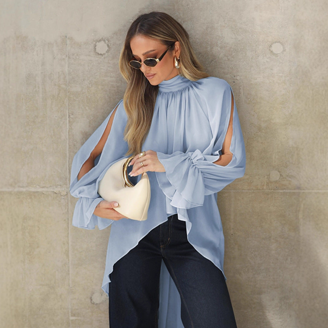 Flared Sleeve Ruffle-Trim Chiffon Top – Elegant Long‑Sleeve Shirt