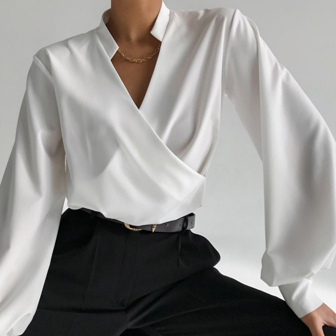 Elegant Satin V‑Neck Blouse with Puff Sleeves – Loose Fit