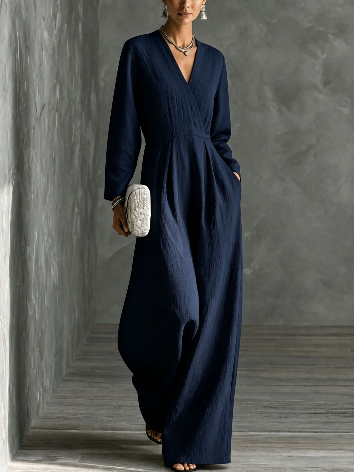 Chic V-Neck Long-Sleeve Wide-Leg Jumpsuit