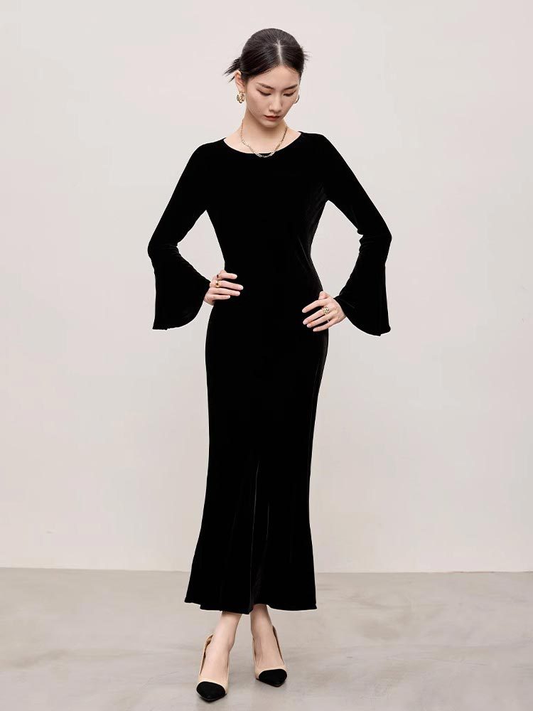 Temperament Long Sleeve Slim Fit Long Dress Women's Vintage Velvet…